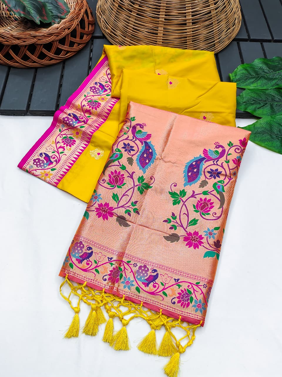 Yellow Banarasi Paithani Silk Saree with Zari Pallu | Soft Silk Saree – Nardev Fashion