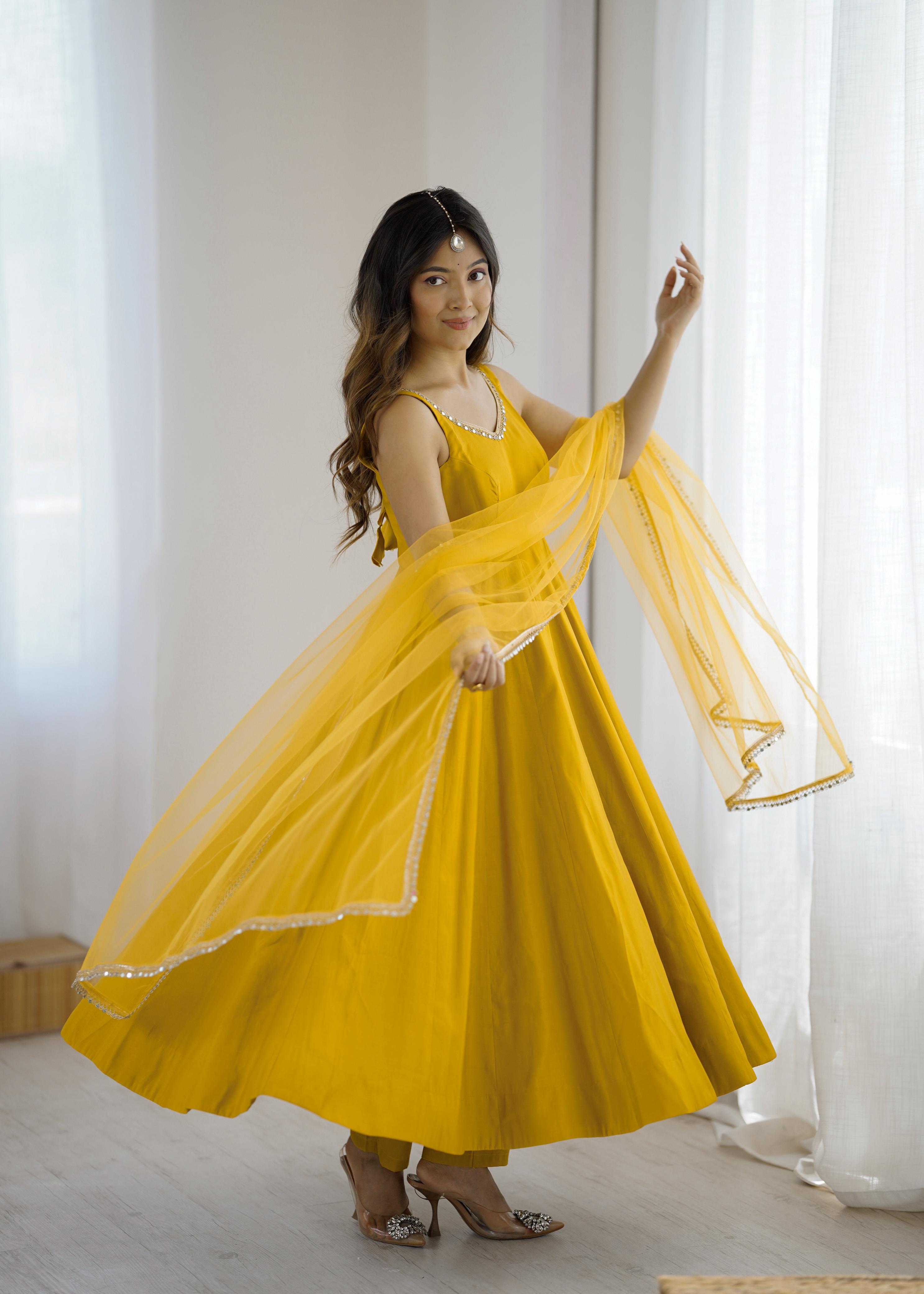 Yellow Color Roman Silk Chanderi Anarkali Gown Set - Aarti Chauhan