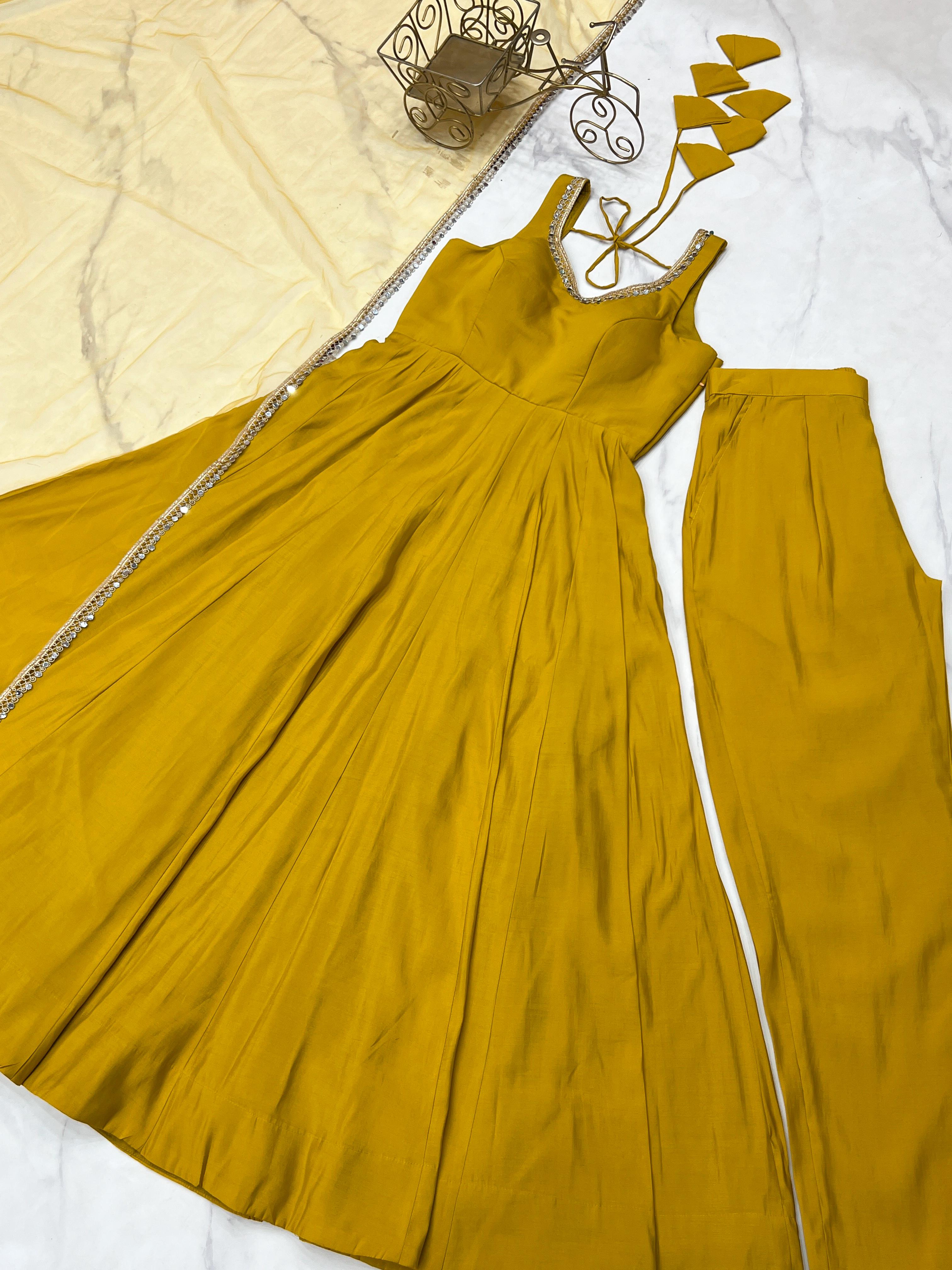 Yellow Color Roman Silk Chanderi Anarkali Gown Set - Aarti Chauhan