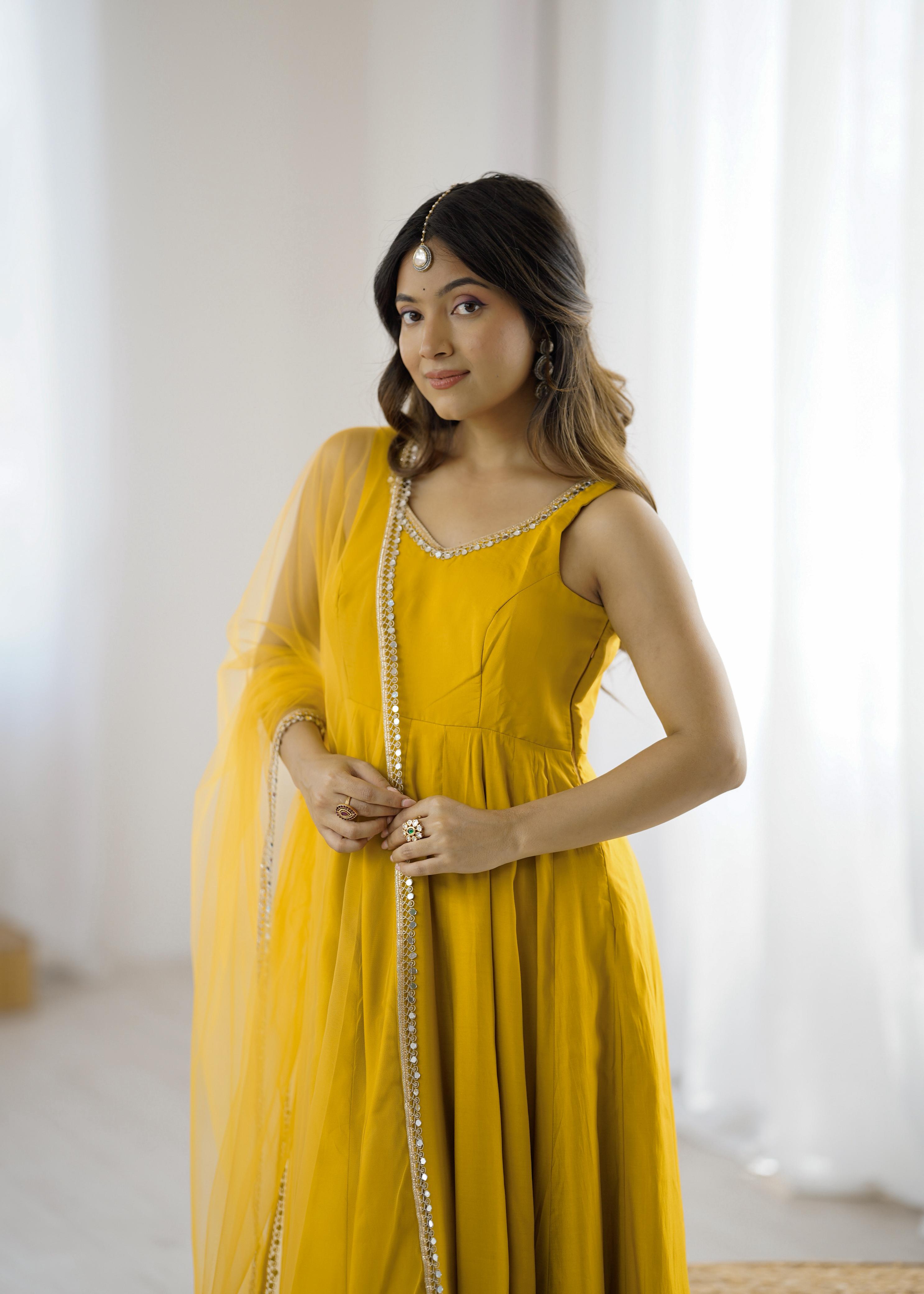 Yellow Color Roman Silk Chanderi Anarkali Gown Set - Aarti Chauhan