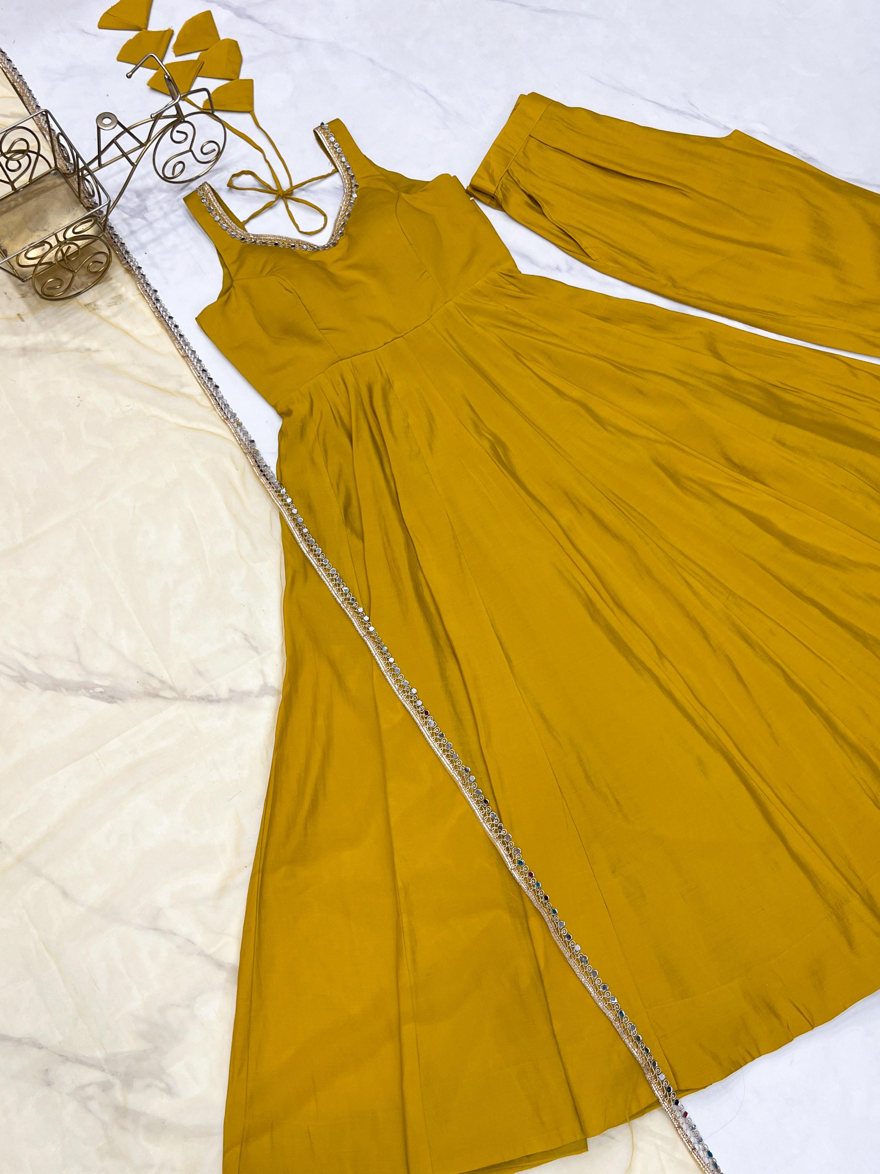 Yellow Color Roman Silk Chanderi Anarkali Gown Set - Aarti Chauhan