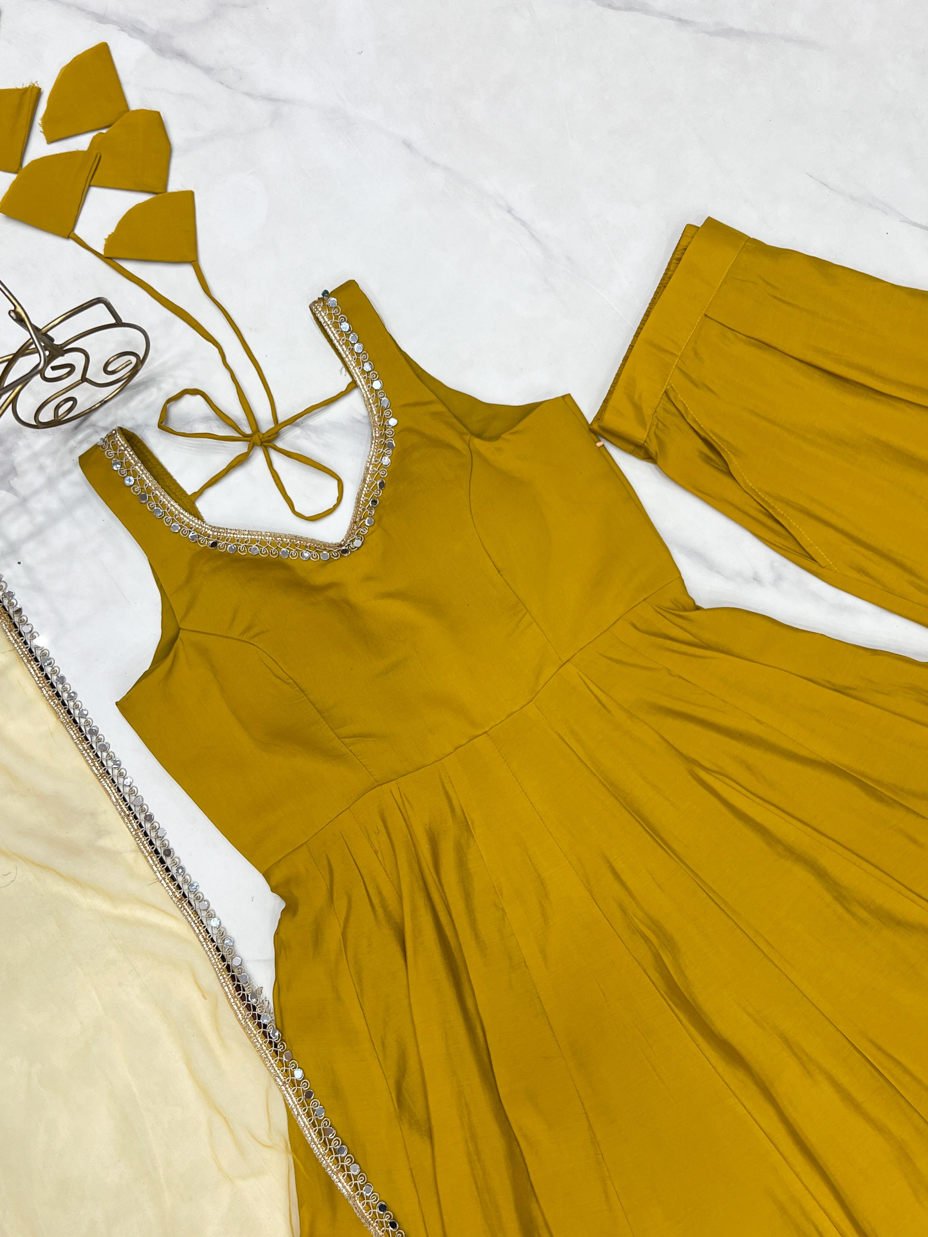 Yellow Color Roman Silk Chanderi Anarkali Gown Set - Aarti Chauhan