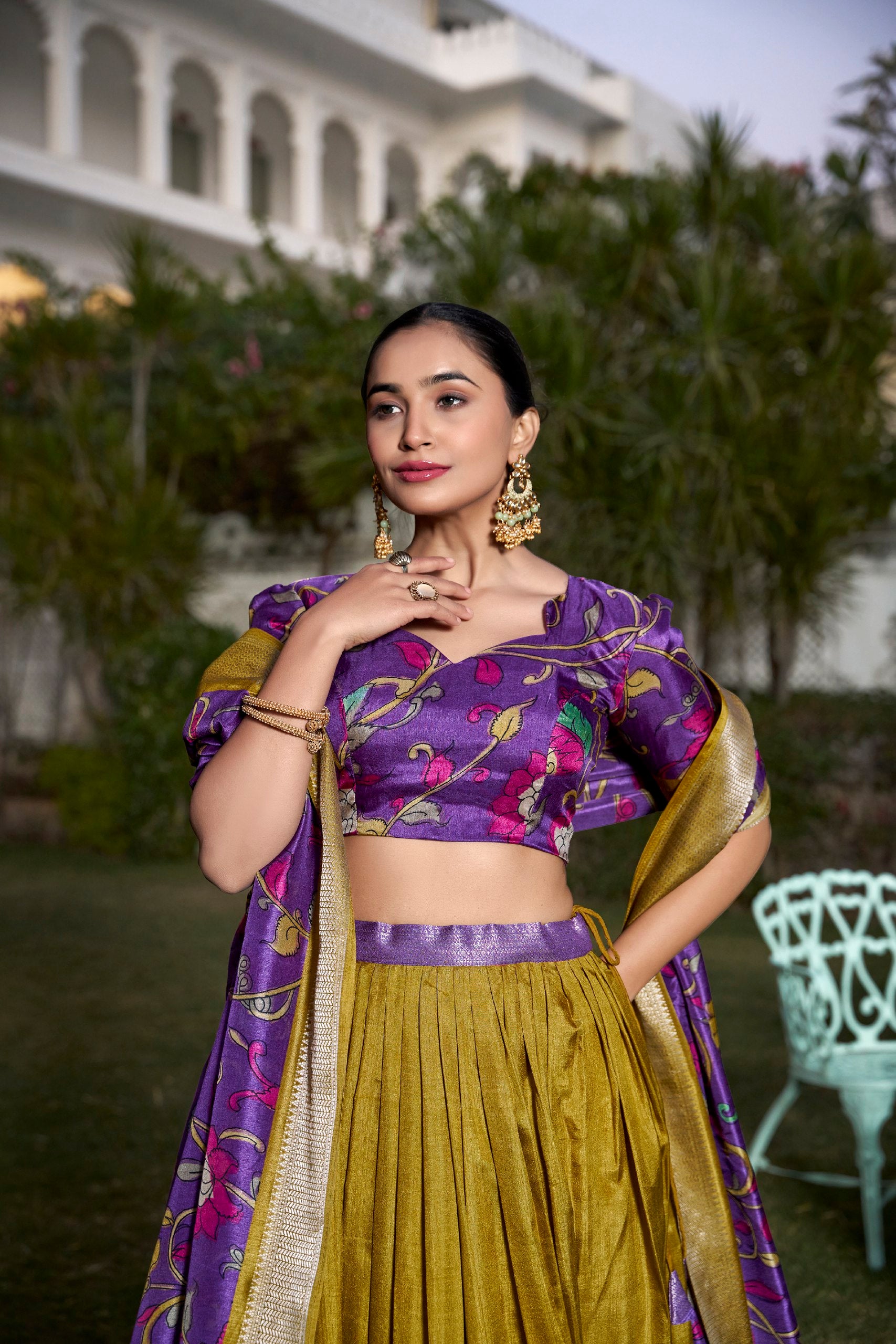 Yellow Dola Silk Kalamkari Printed Lehenga Choli