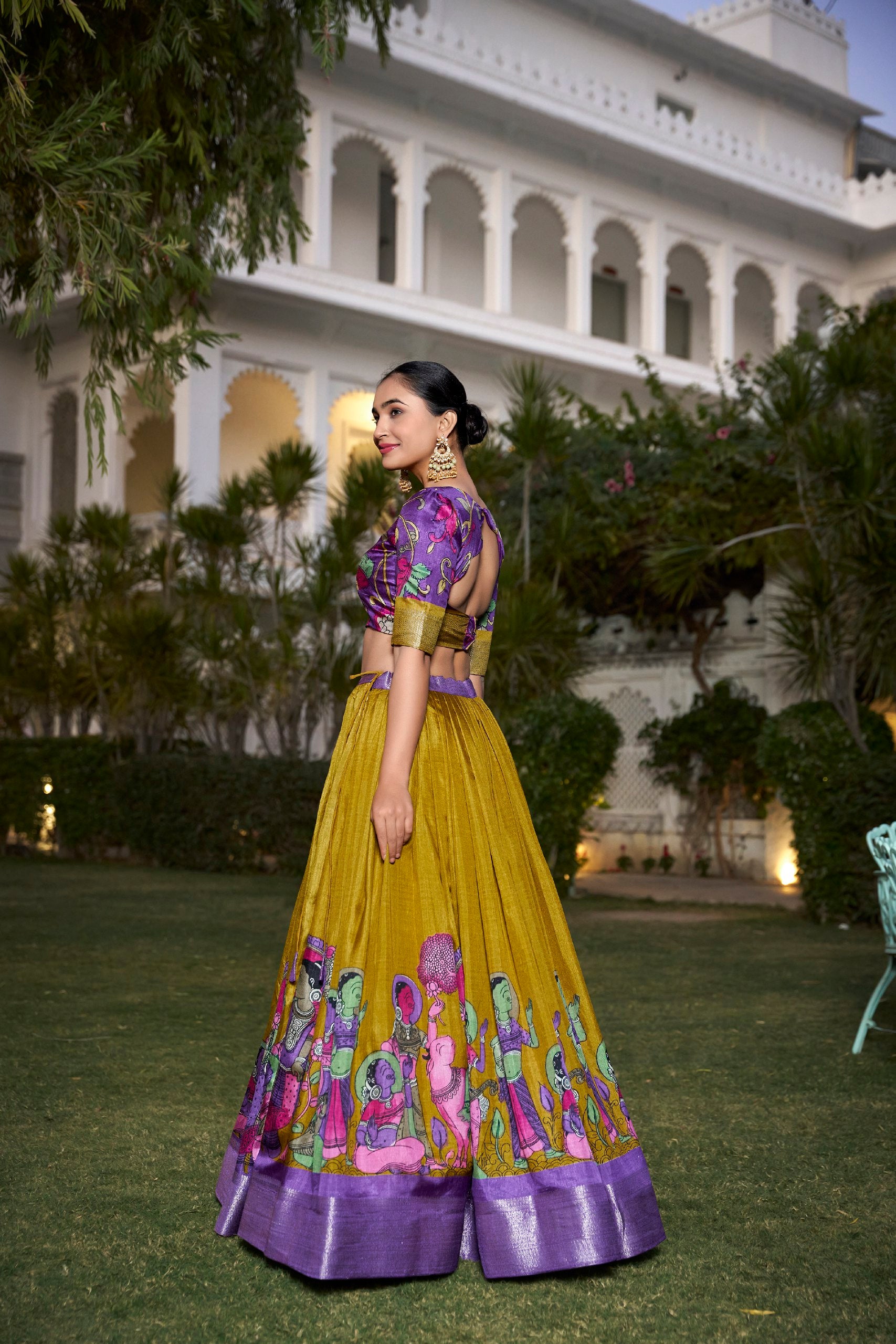 Yellow Dola Silk Kalamkari Printed Lehenga Choli-2