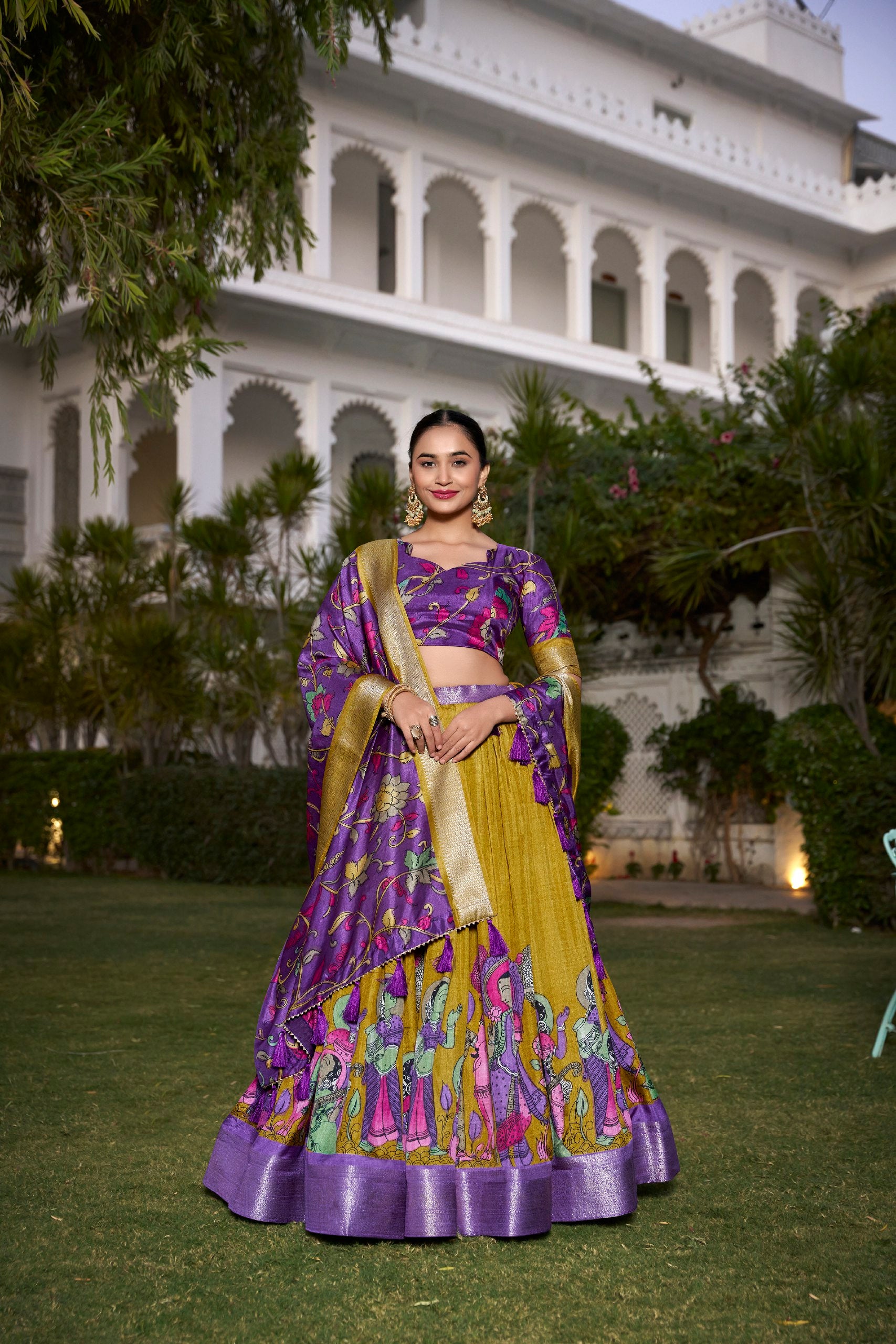 Yellow Dola Silk Kalamkari Printed Lehenga Choli