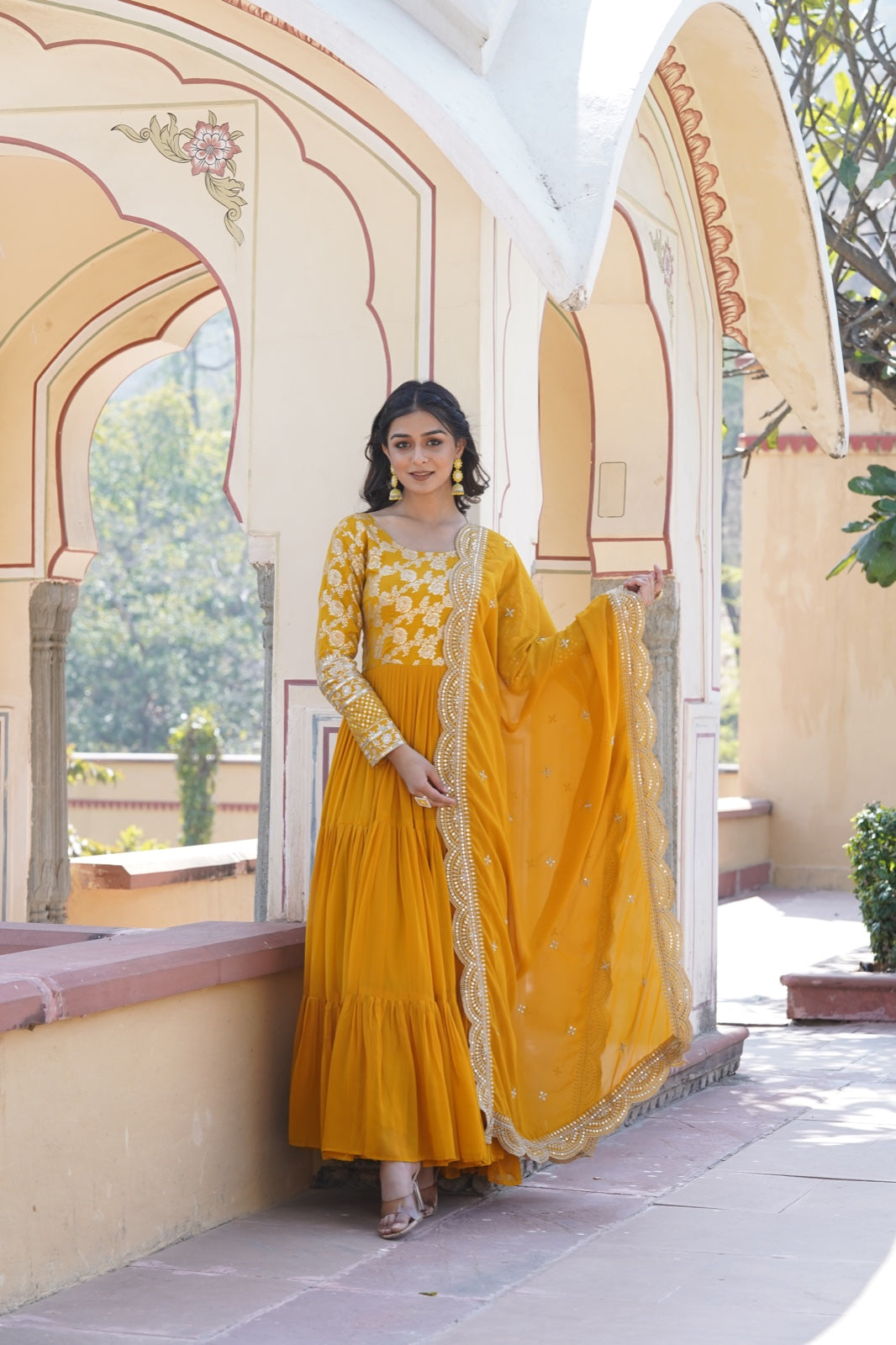 Yellow Faux Blooming Sequin Gown with Duppatta