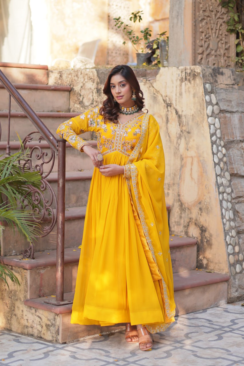 Yellow Haldi Wear Embroidery Letest Gown