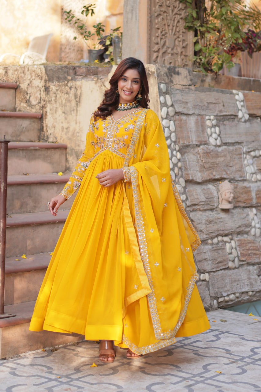 Yellow Haldi Wear Embroidery Letest Gown