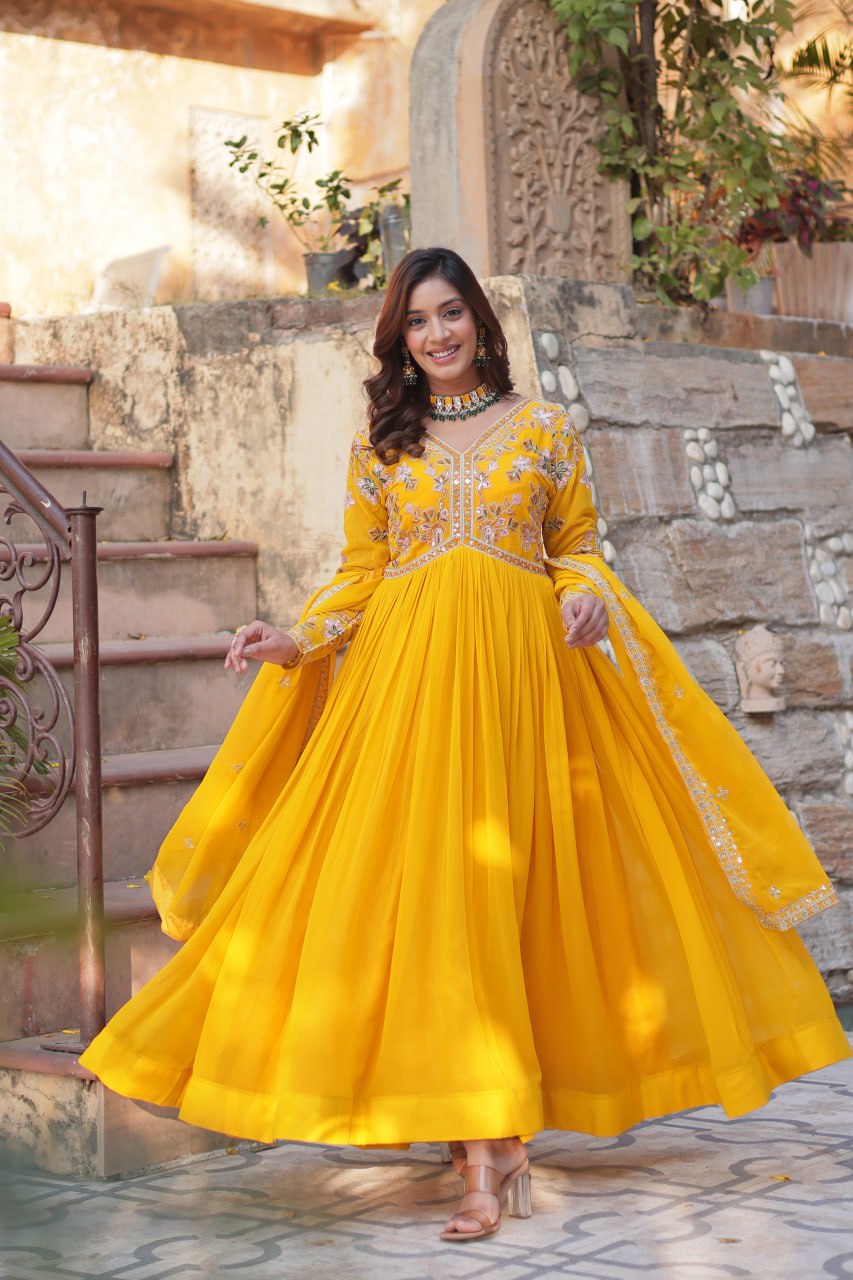 Yellow Haldi Wear Embroidery Letest Gown