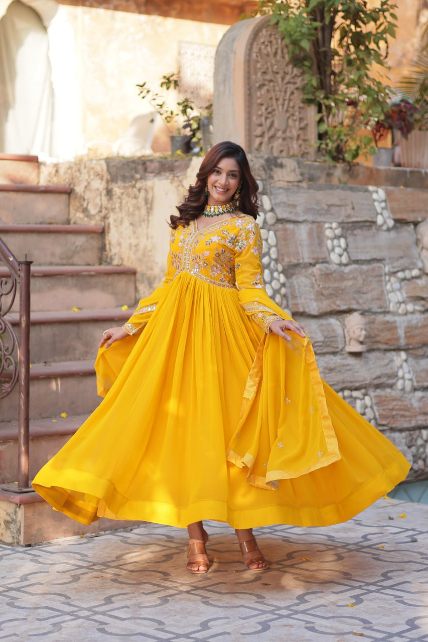 Yellow Haldi Wear Embroidery Letest Gown