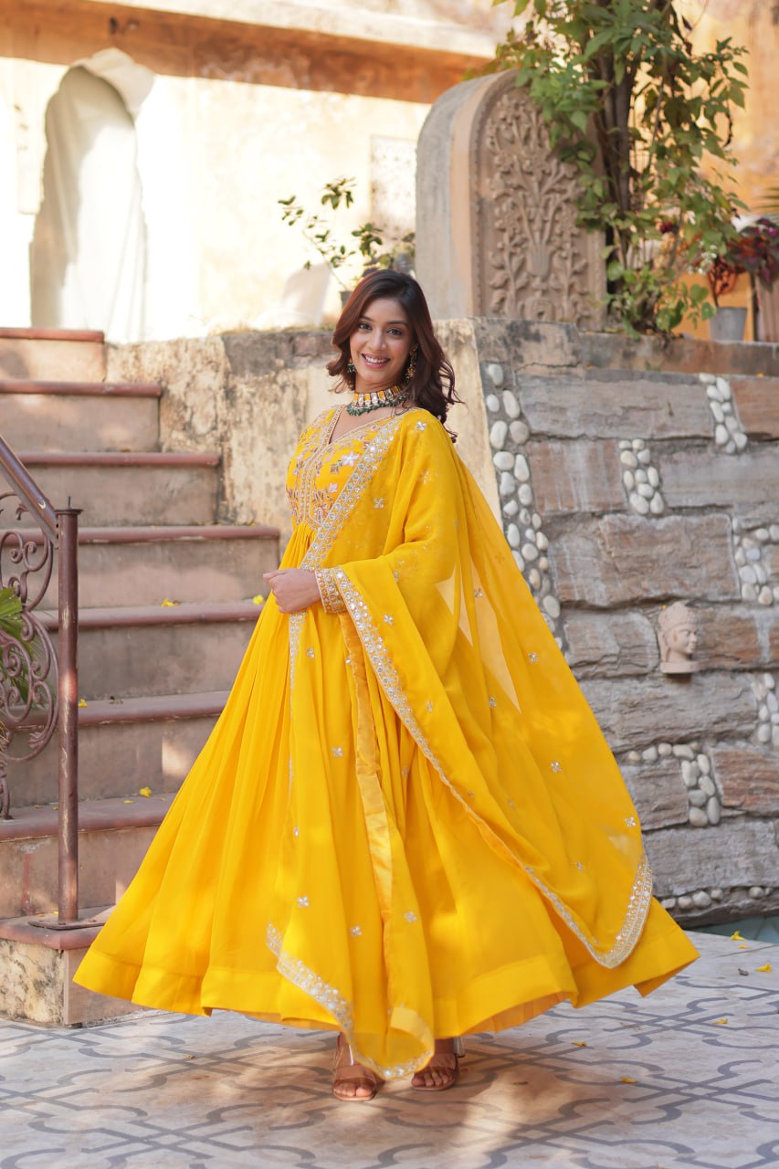 Yellow Haldi Wear Embroidery Letest Gown