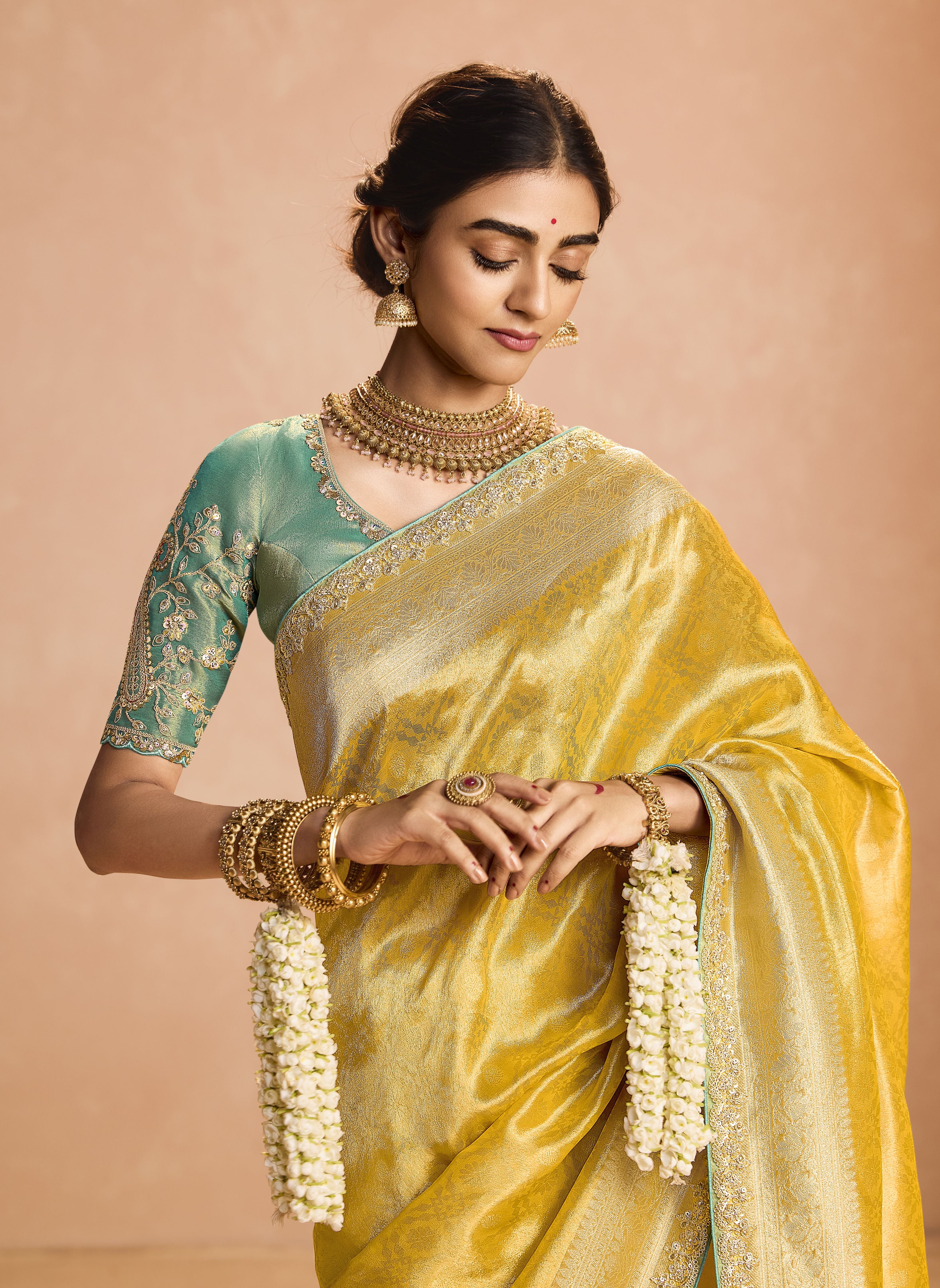 Yellow Heavy Embroidery Party Wear Silk Saree