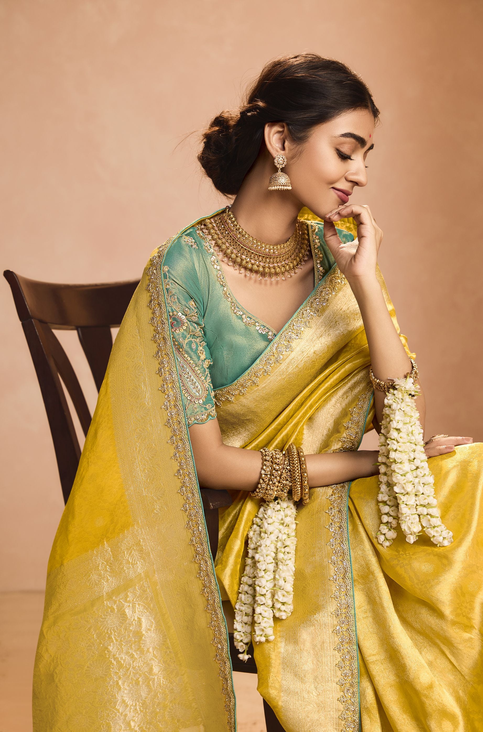 Yellow Heavy Embroidery Party Wear Silk Saree