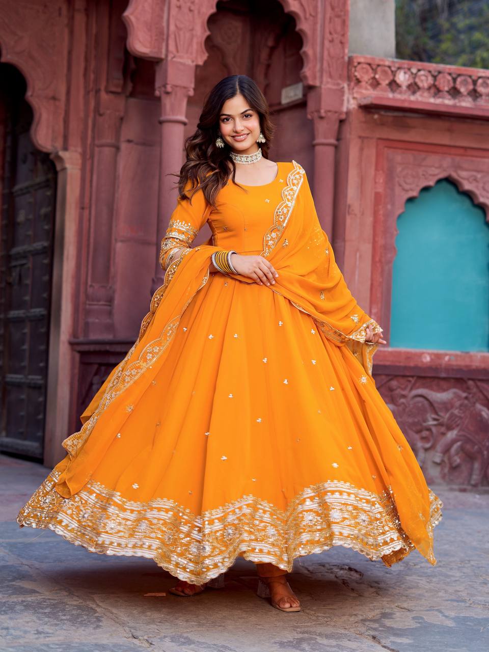 Yellow Partywear Anarkali Gown Set with Dupatta & Pant | Nardev Fashion