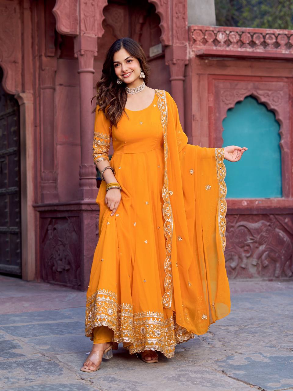 Yellow Partywear Anarkali Gown Set with Dupatta & Pant | Nardev Fashion
