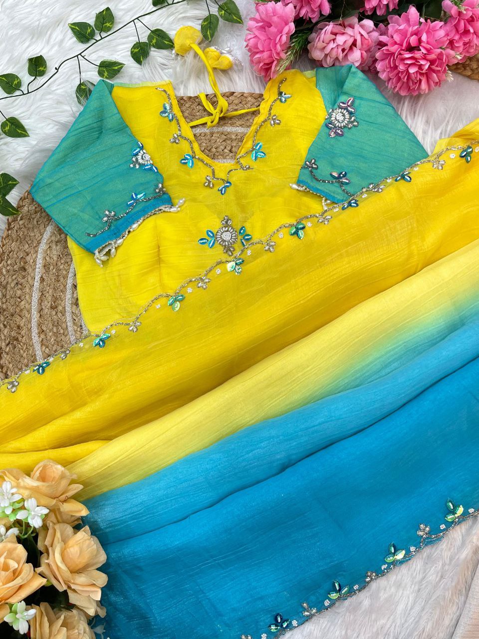 Yellow Sky Designer Wear Saree with Stitched Blouse | Nardev Fashion