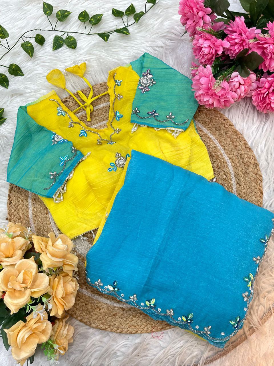 Yellow Sky Designer Wear Saree with Stitched Blouse | Nardev Fashion