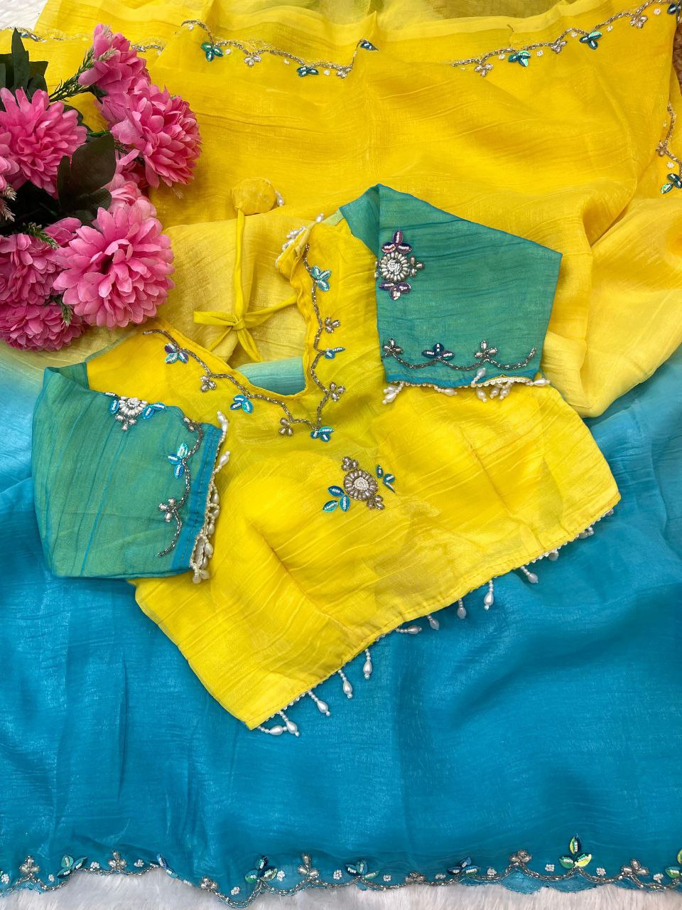 Yellow Sky Designer Wear Saree with Stitched Blouse | Nardev Fashion