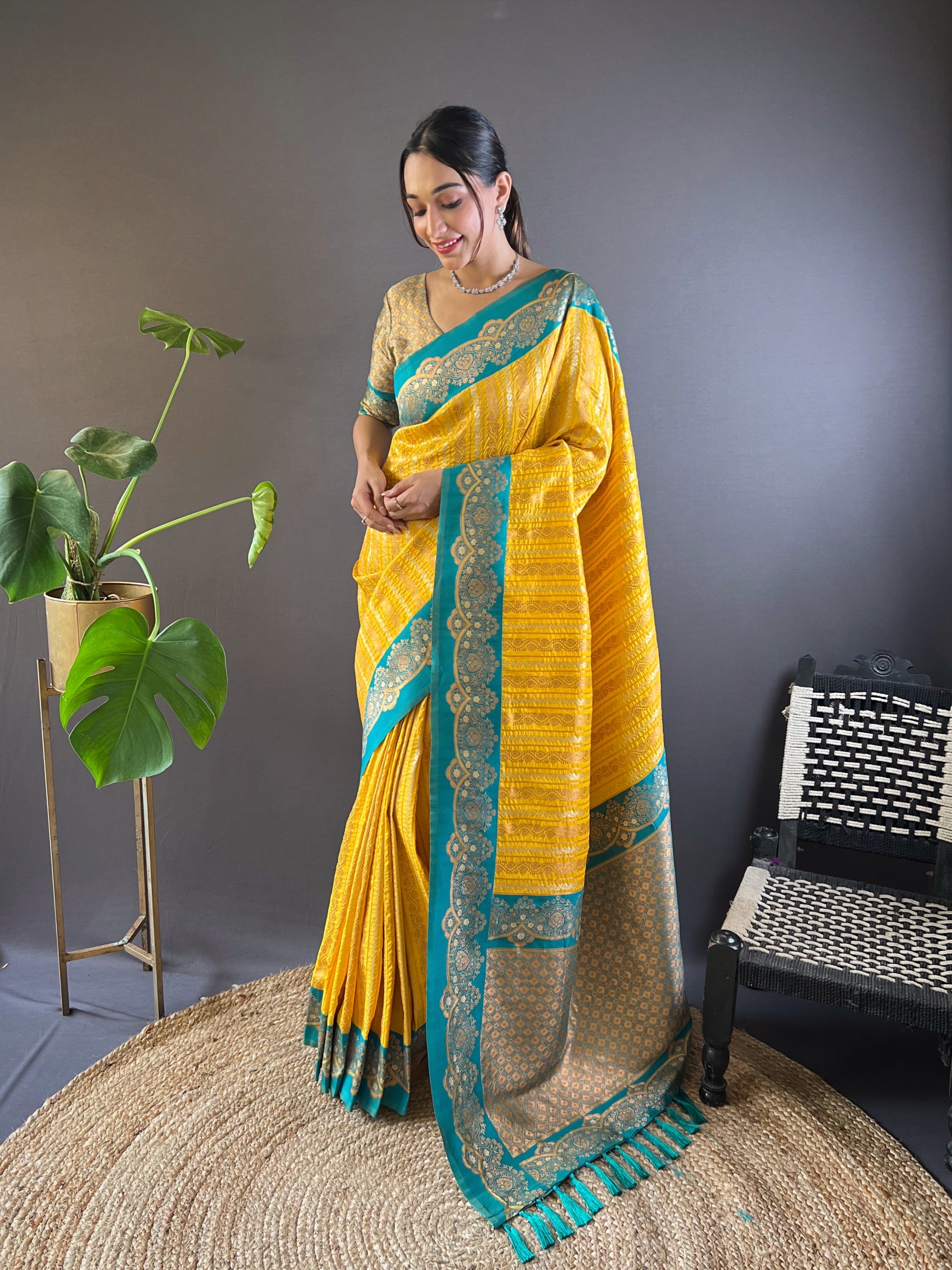 Yellow Zari Woven Partywear Saree