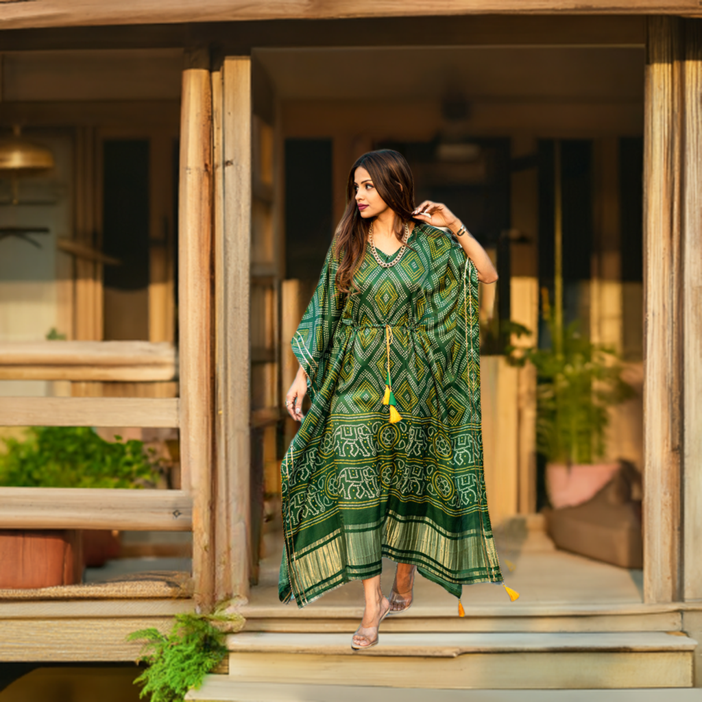 Green Color Pure Gajji Silk Kaftan -Bandhani Prints