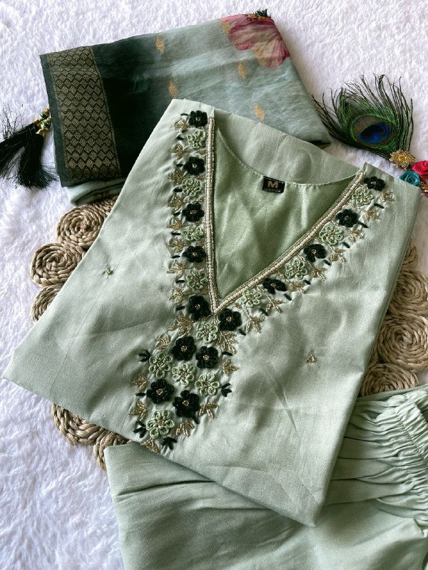 Pistagreen Handwork Kurti Pant with Dupatta Set