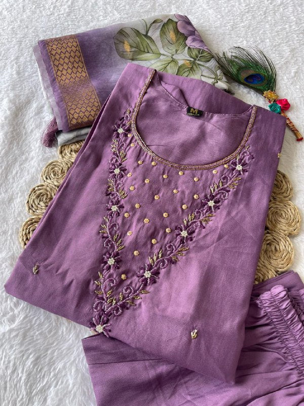 Purple Handwork Kurti Pant with Dupatta Set