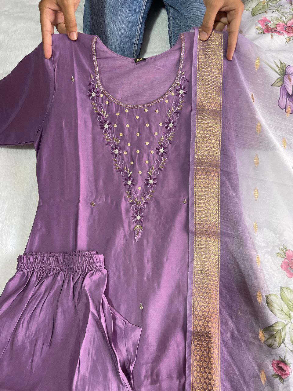 Purple Handwork Kurti Pant with Dupatta Set