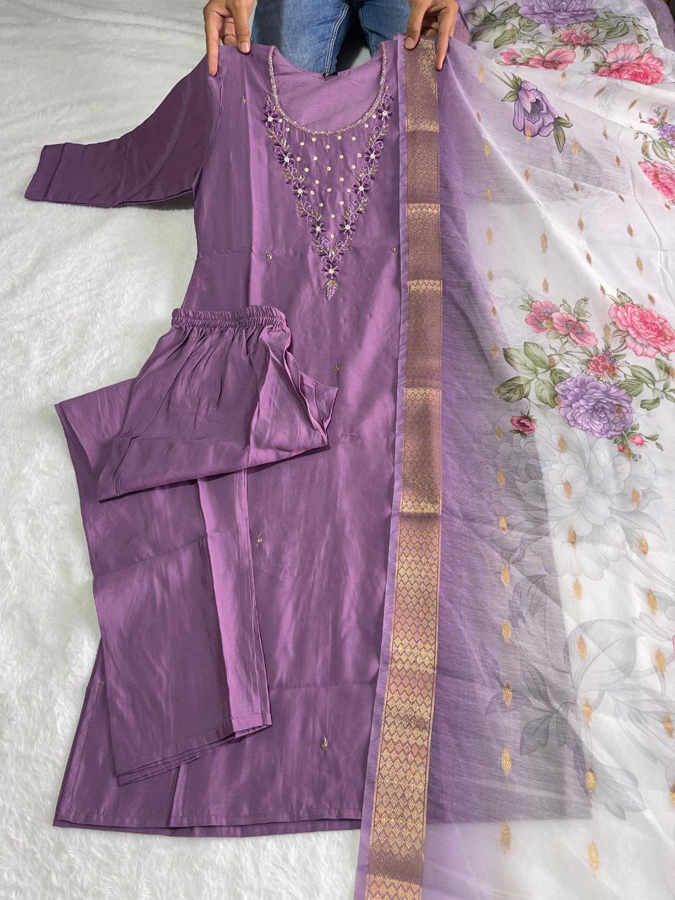 Purple Handwork Kurti Pant with Dupatta Set