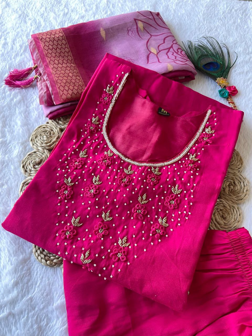 Pink Handwork Kurti Pant with Dupatta Set