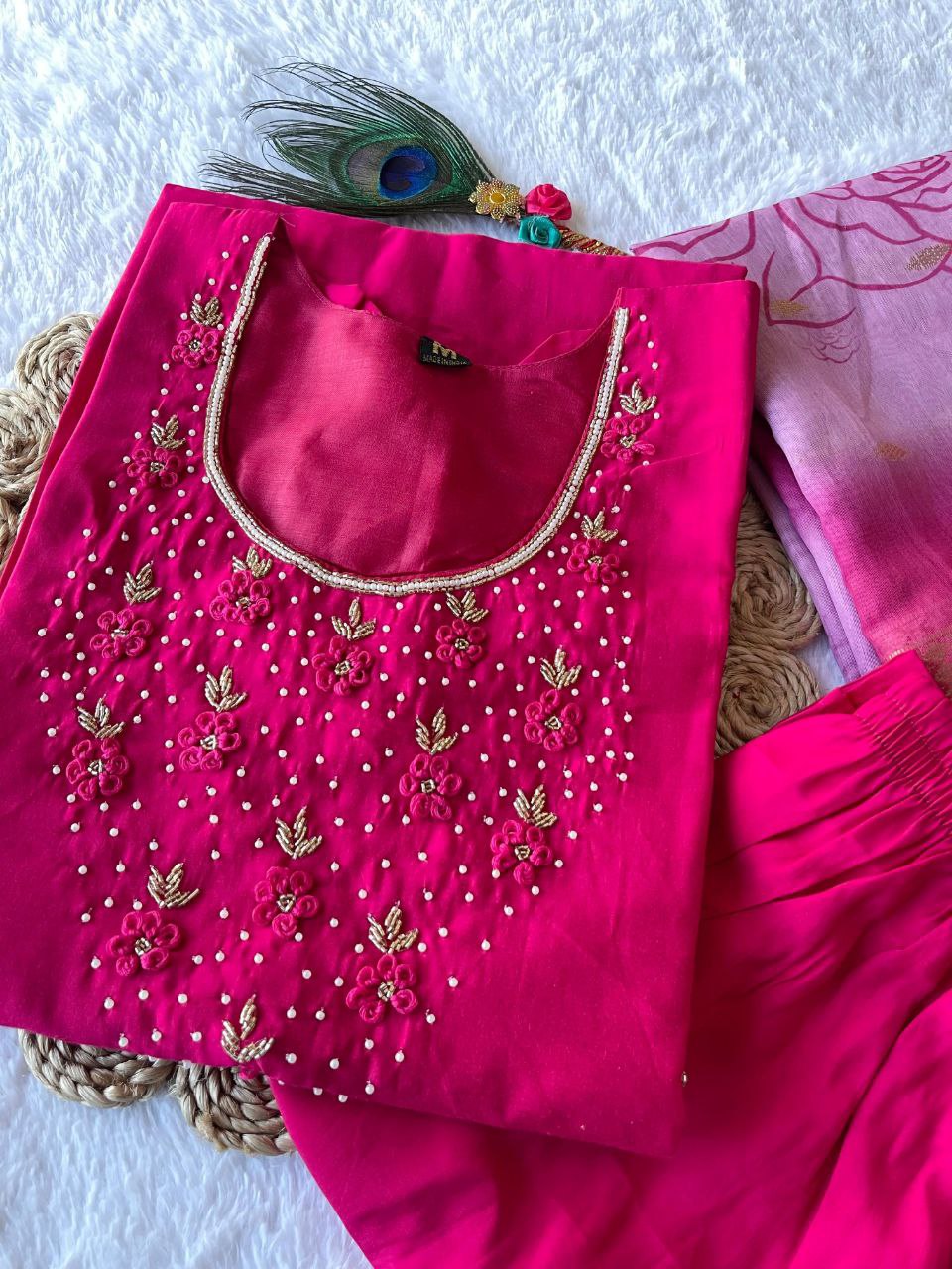 Pink Handwork Kurti Pant with Dupatta Set