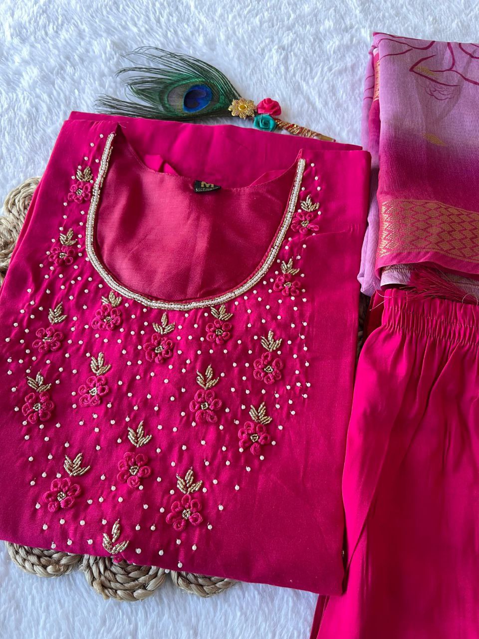 Pink Handwork Kurti Pant with Dupatta Set