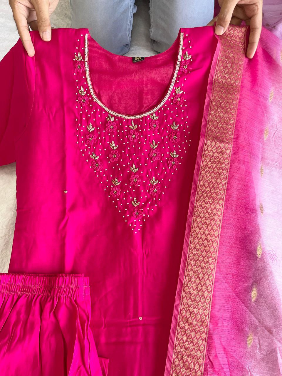 Pink Handwork Kurti Pant with Dupatta Set