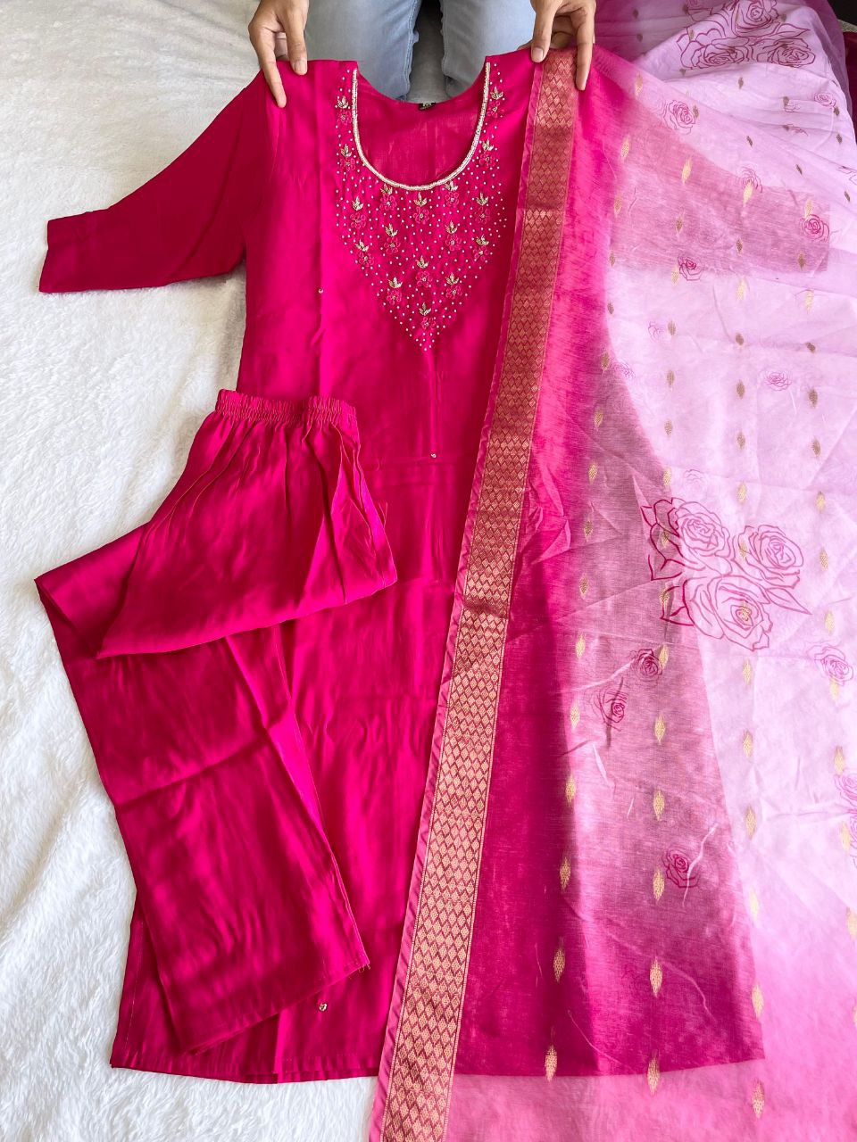 Pink Handwork Kurti Pant with Dupatta Set