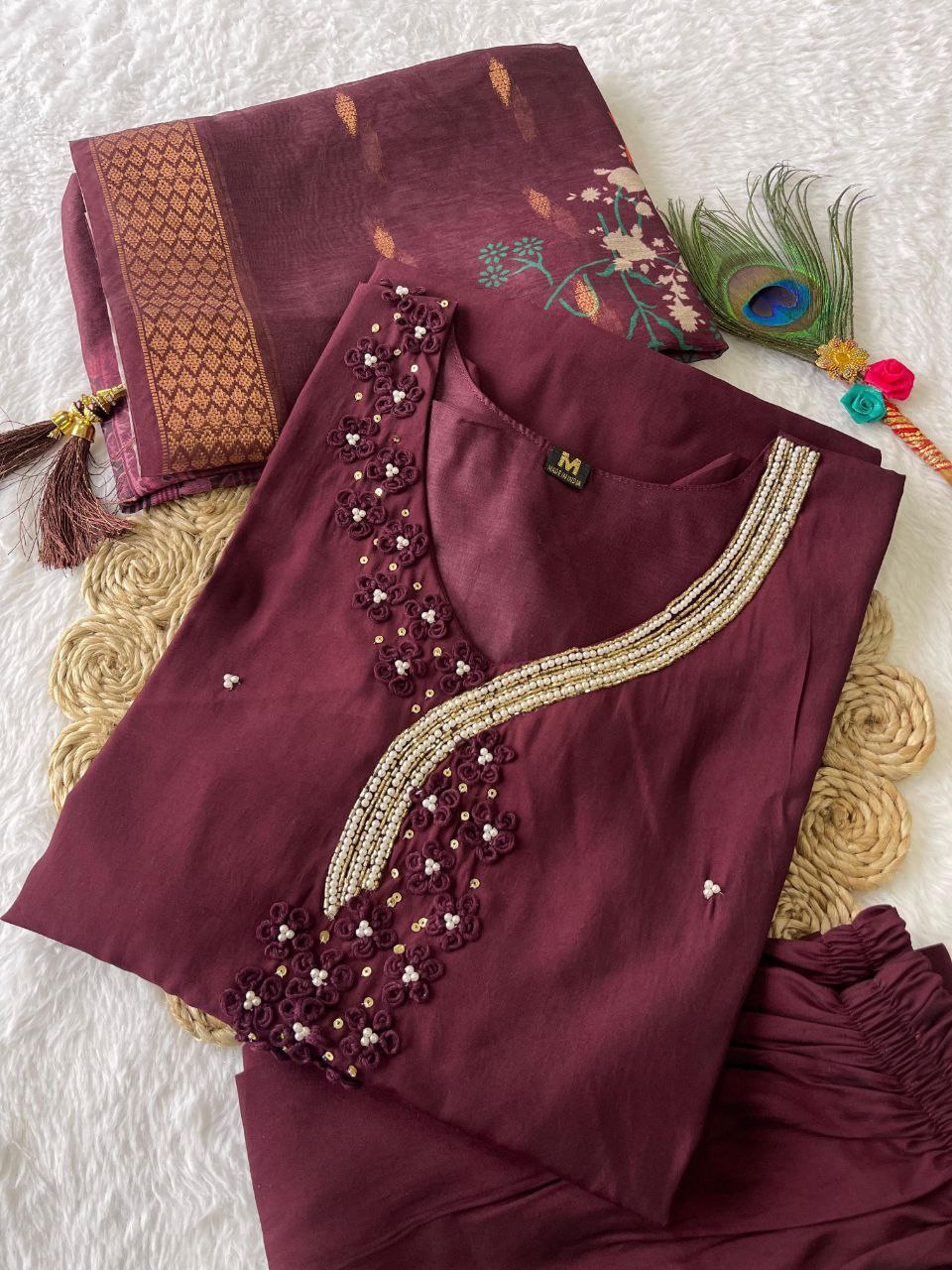 Handwork Kurti Pant with Dupatta Set