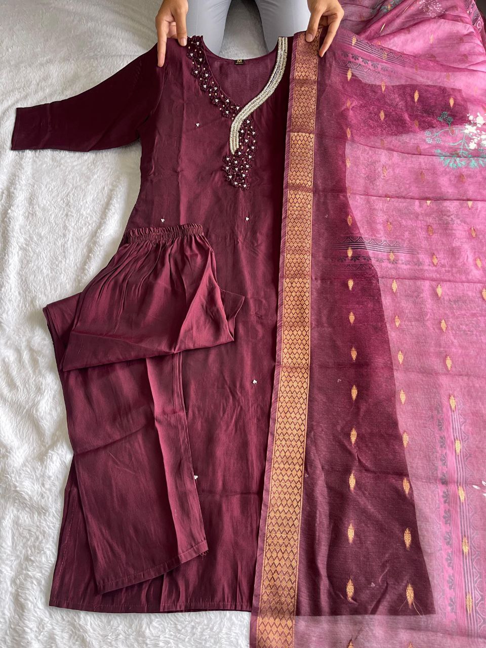 Handwork Kurti Pant with Dupatta Set