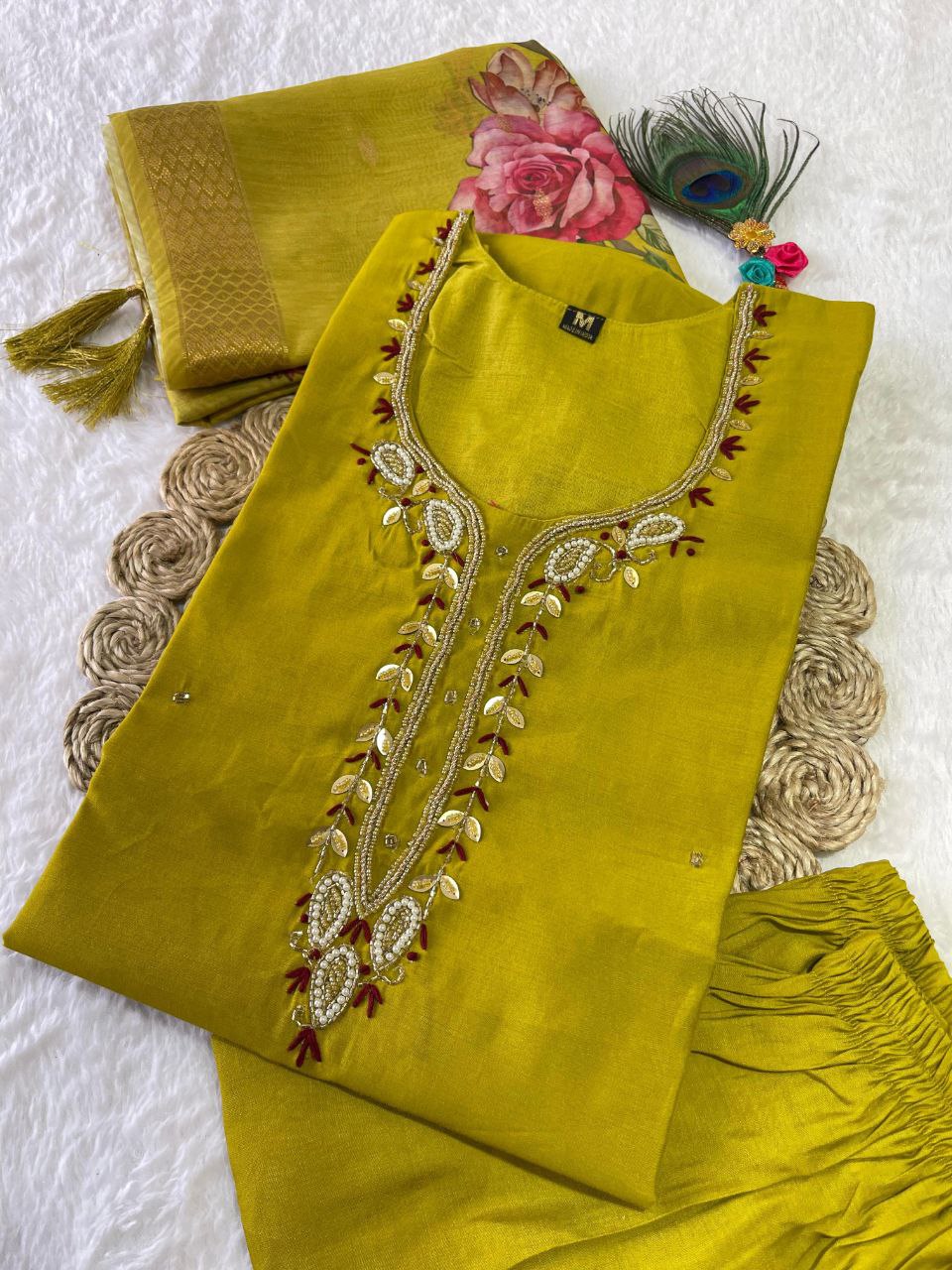 Handwork Kurti Pant with Dupatta Set