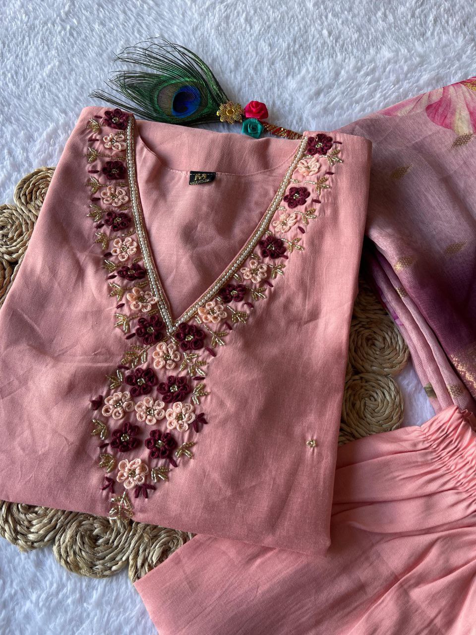 Handwork Kurti Pant with Dupatta Set