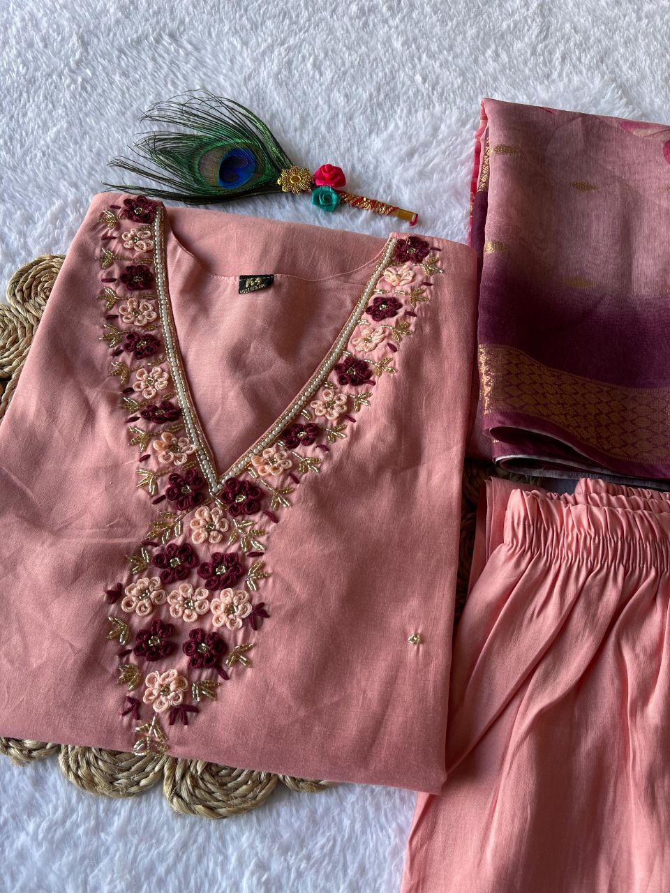 Handwork Kurti Pant with Dupatta Set