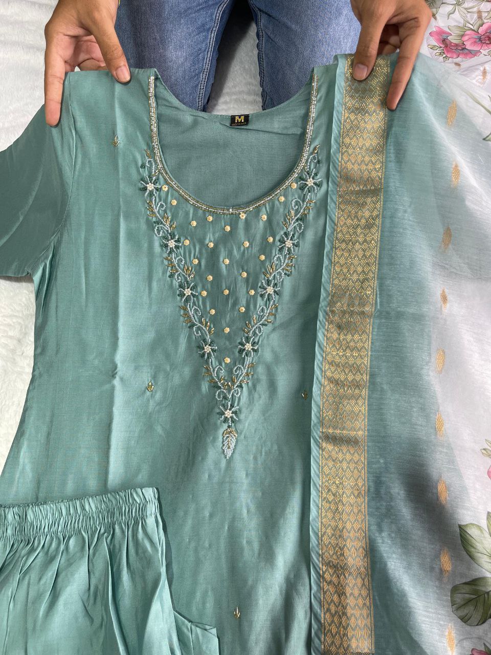 Handwork Kurti Pant with Dupatta Set