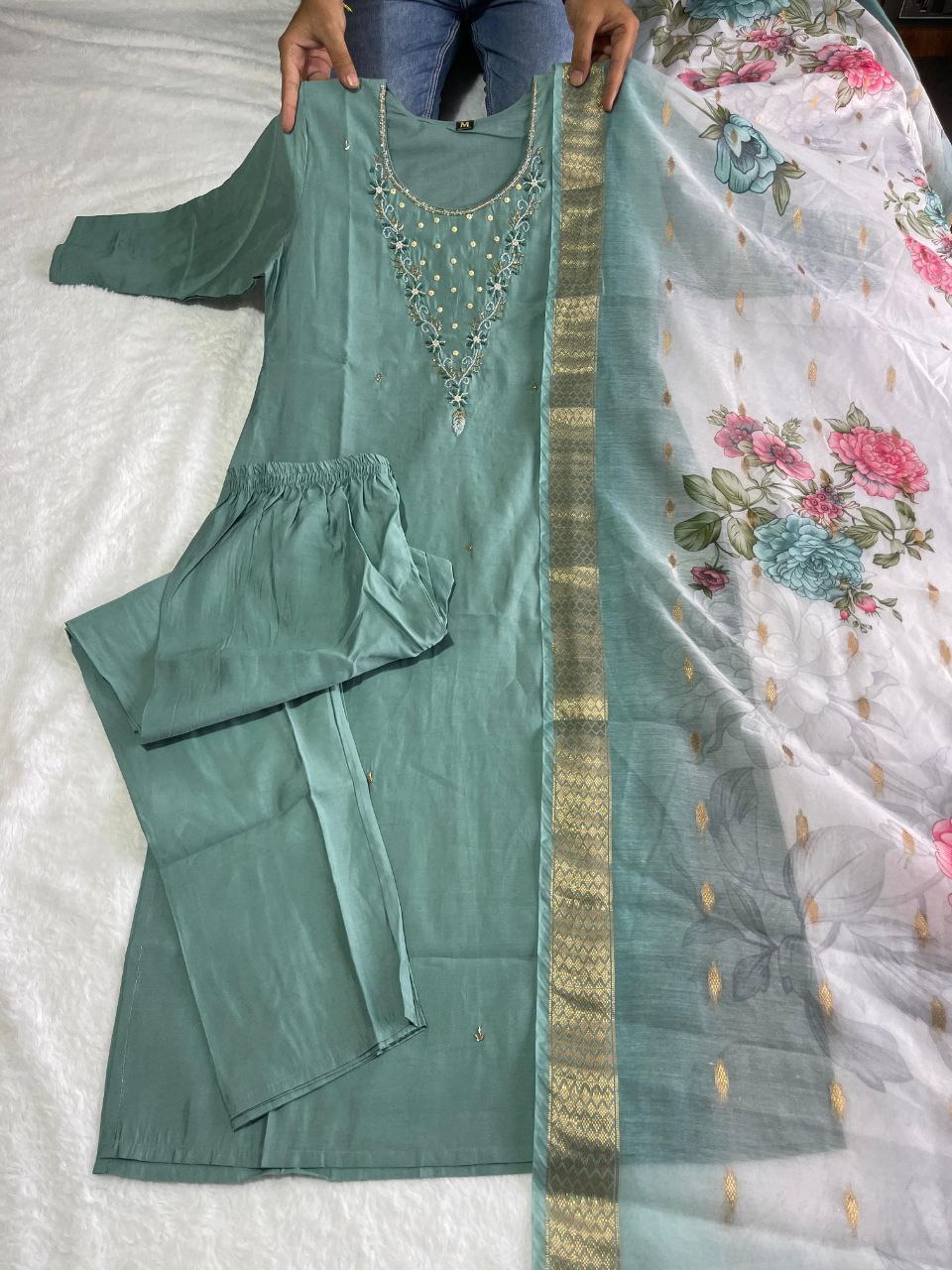 Handwork Kurti Pant with Dupatta Set