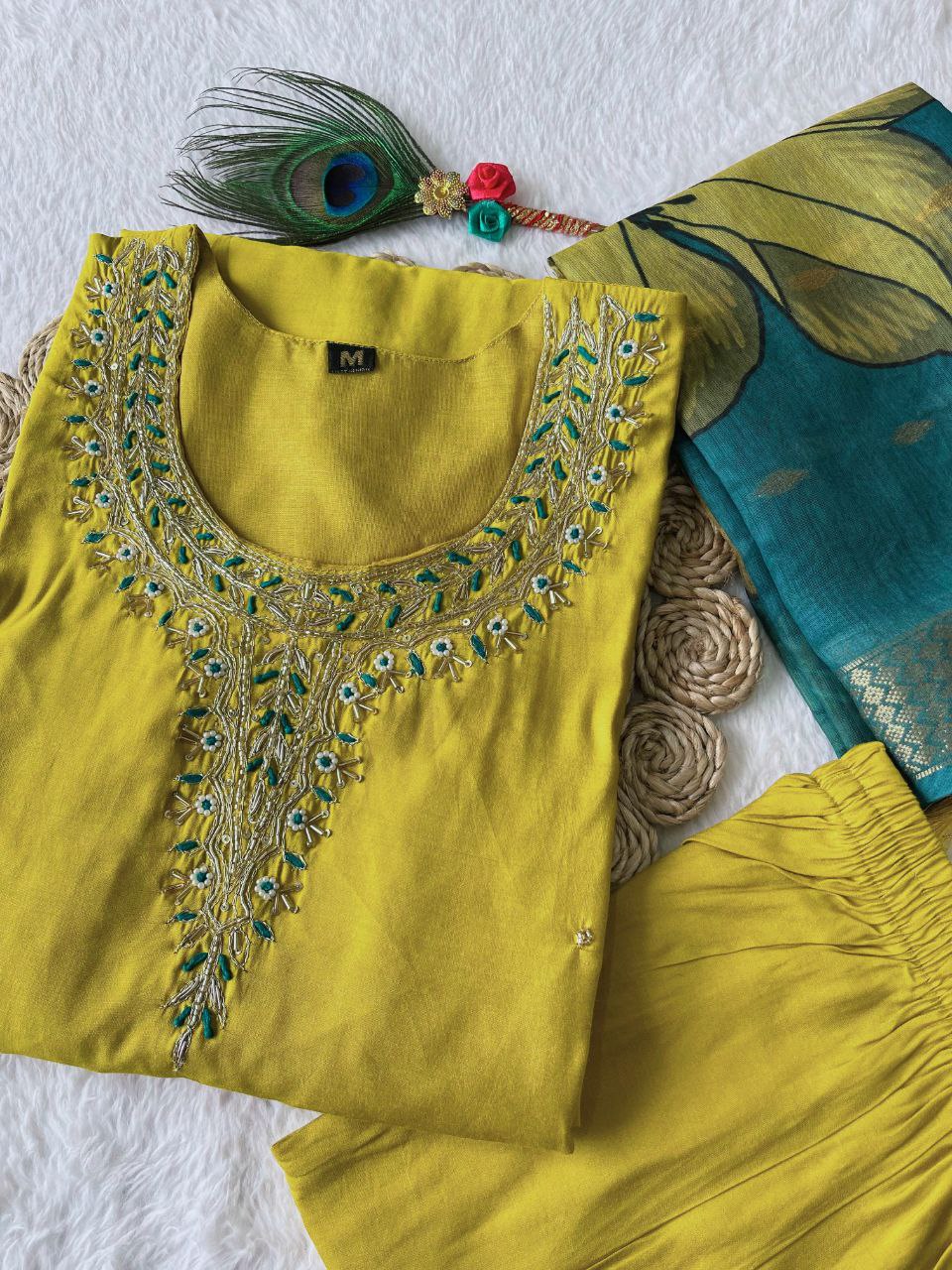 Yellow Handwork Kurti Pant with Dupatta Set