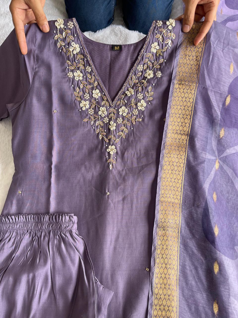 Purple Handwork Kurti Pant with Dupatta Set