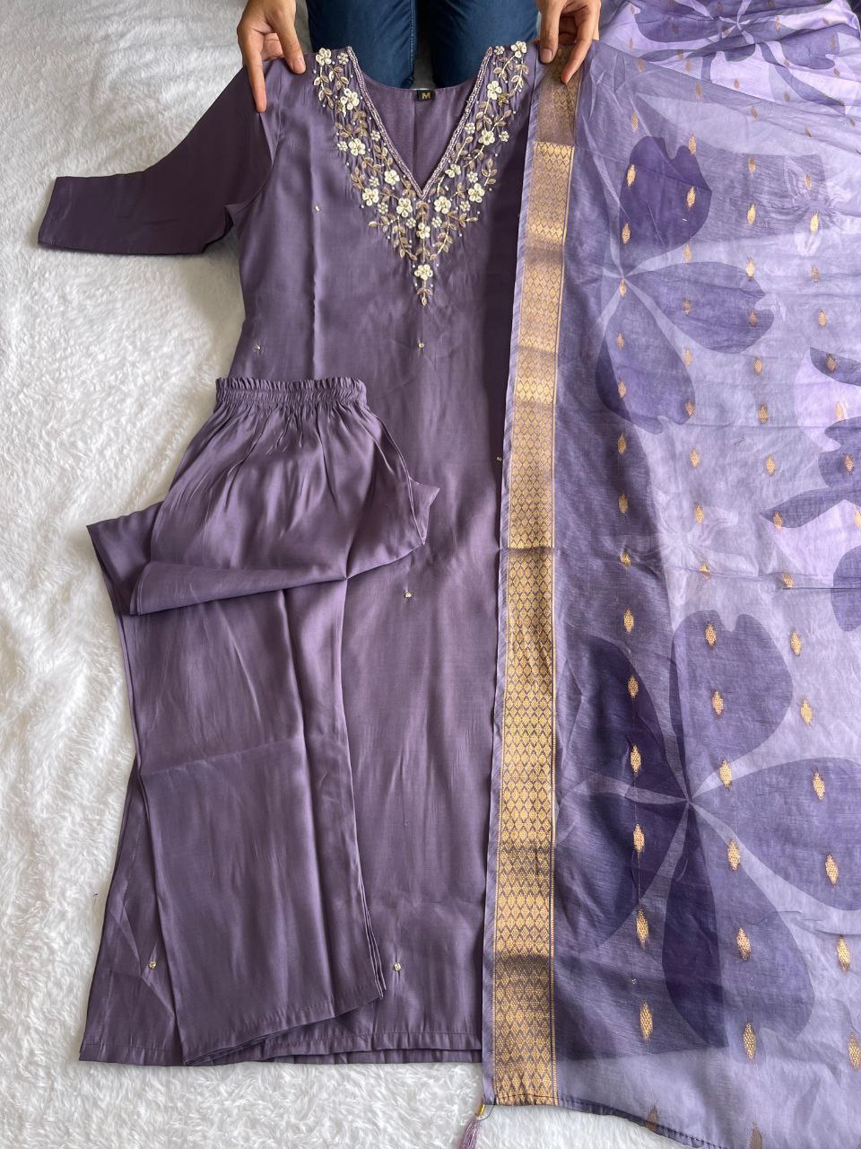 Purple Handwork Kurti Pant with Dupatta Set