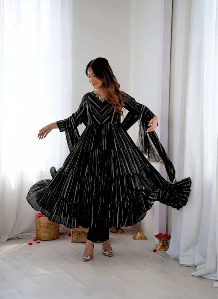 Onyx Black Color Mal Chanderi Ruffle Flaired Gown | Nardev Fashion