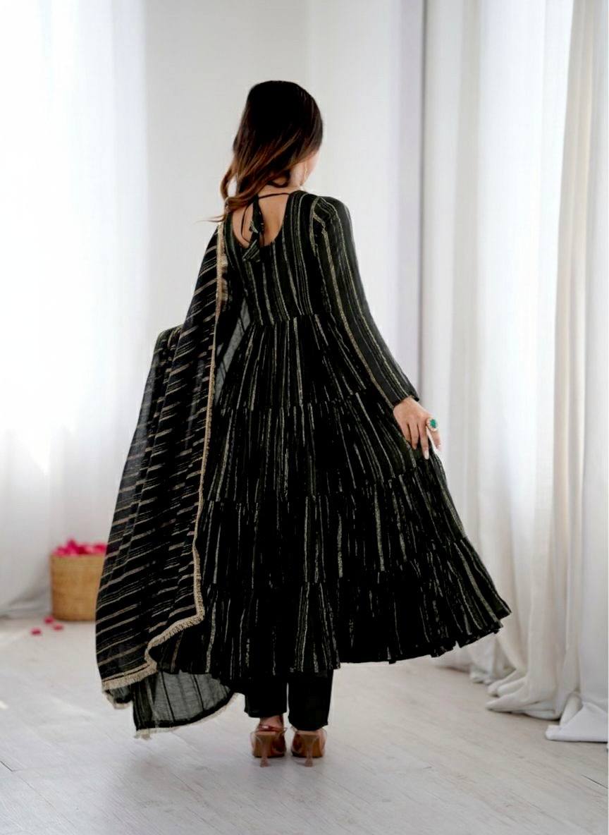 Onyx Black Color Mal Chanderi Ruffle Flaired Gown | Nardev Fashion