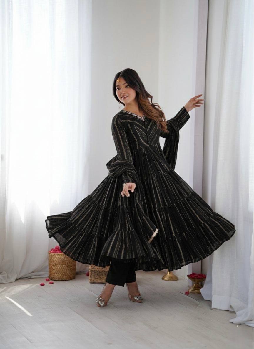 Onyx Black Color Mal Chanderi Ruffle Flaired Gown | Nardev Fashion