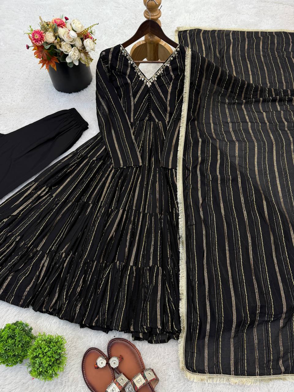 Onyx Black Color Mal Chanderi Ruffle Flaired Gown | Nardev Fashion