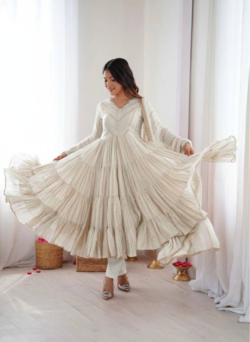 Ivory Color Mal Chanderi Ruffle Flaired Gown | Nardev Fashion