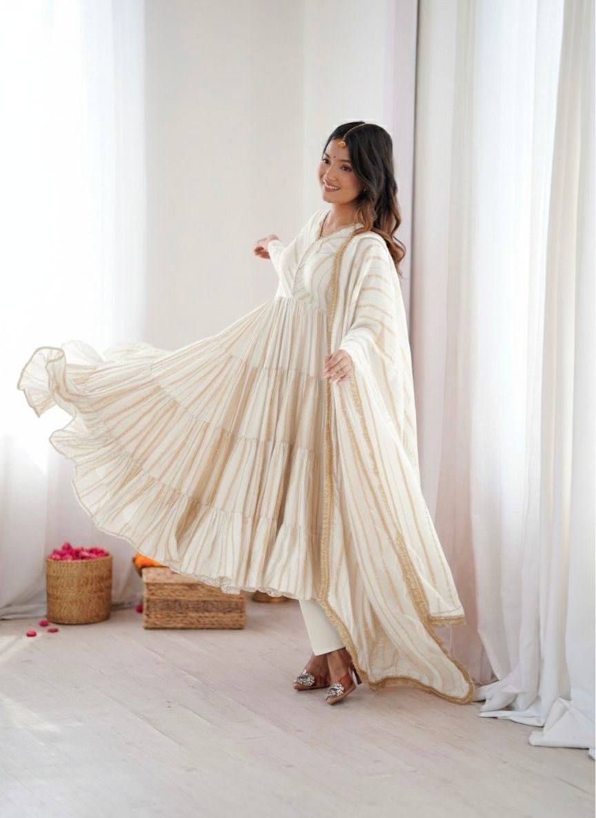 Ivory Color Mal Chanderi Ruffle Flaired Gown | Nardev Fashion
