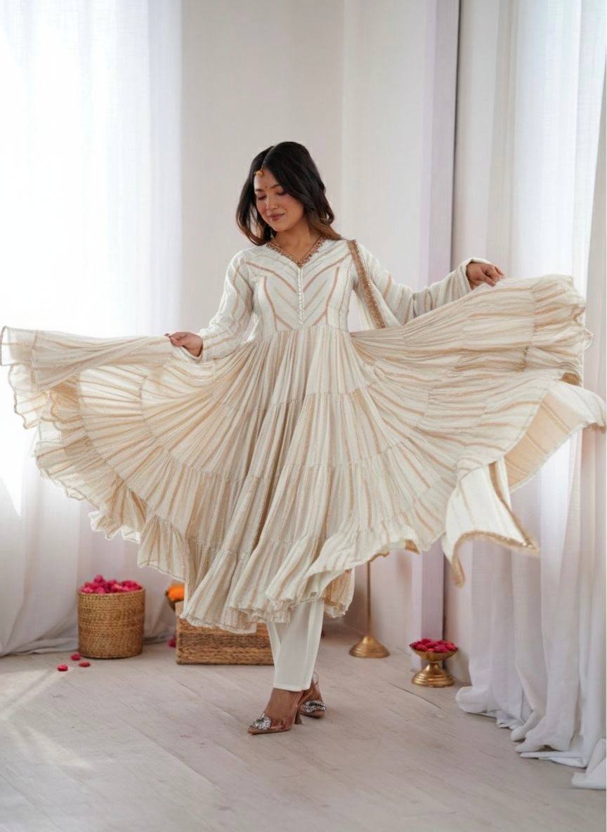 Ivory Color Mal Chanderi Ruffle Flaired Gown | Nardev Fashion